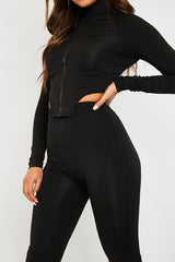 Black High Neck Zip Crop Top Leggings Co-ord - Eily-Co-ords