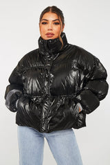 Black High Neck Zip Up Puffer Coat - Siona-Coats