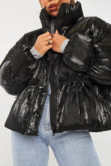 Black High Neck Zip Up Puffer Coat - Siona-Coats