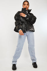 Black High Neck Zip Up Puffer Coat - Siona-Coats