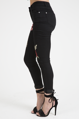 Black High Rise Embroidered Skinny Jeans - Lorna-Jeans