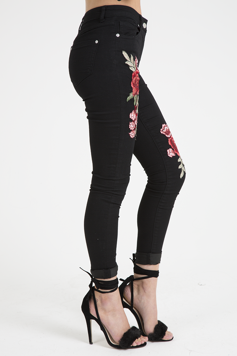 Black High Rise Embroidered Skinny Jeans - Lorna-Jeans