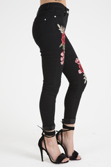 Black High Rise Embroidered Skinny Jeans - Lorna-Jeans
