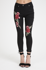 Black High Rise Embroidered Skinny Jeans - Lorna-Jeans