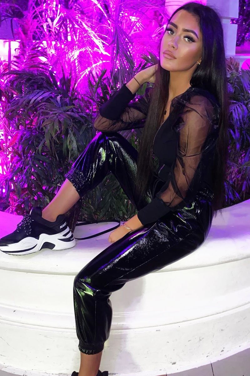 Black High Shine Drawstring Waist Joggers - Faye-Joggers