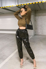 Black High Shine Drawstring Waist Joggers - Faye-Joggers