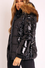 Black High Shine Fur Trim Puffer Coat - Stacia-Coats