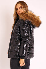 Black High Shine Fur Trim Puffer Coat - Stacia-Coats
