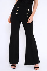Black High Waist Button Front Flare Trousers - Raye-Trousers