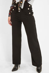 Black High Waist Button Front Wide Leg Trousers - Chrisy-Trousers