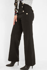 Black High Waist Button Front Wide Leg Trousers - Chrisy-Trousers