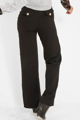 Black High Waist Button Front Wide Leg Trousers - Chrisy-Trousers