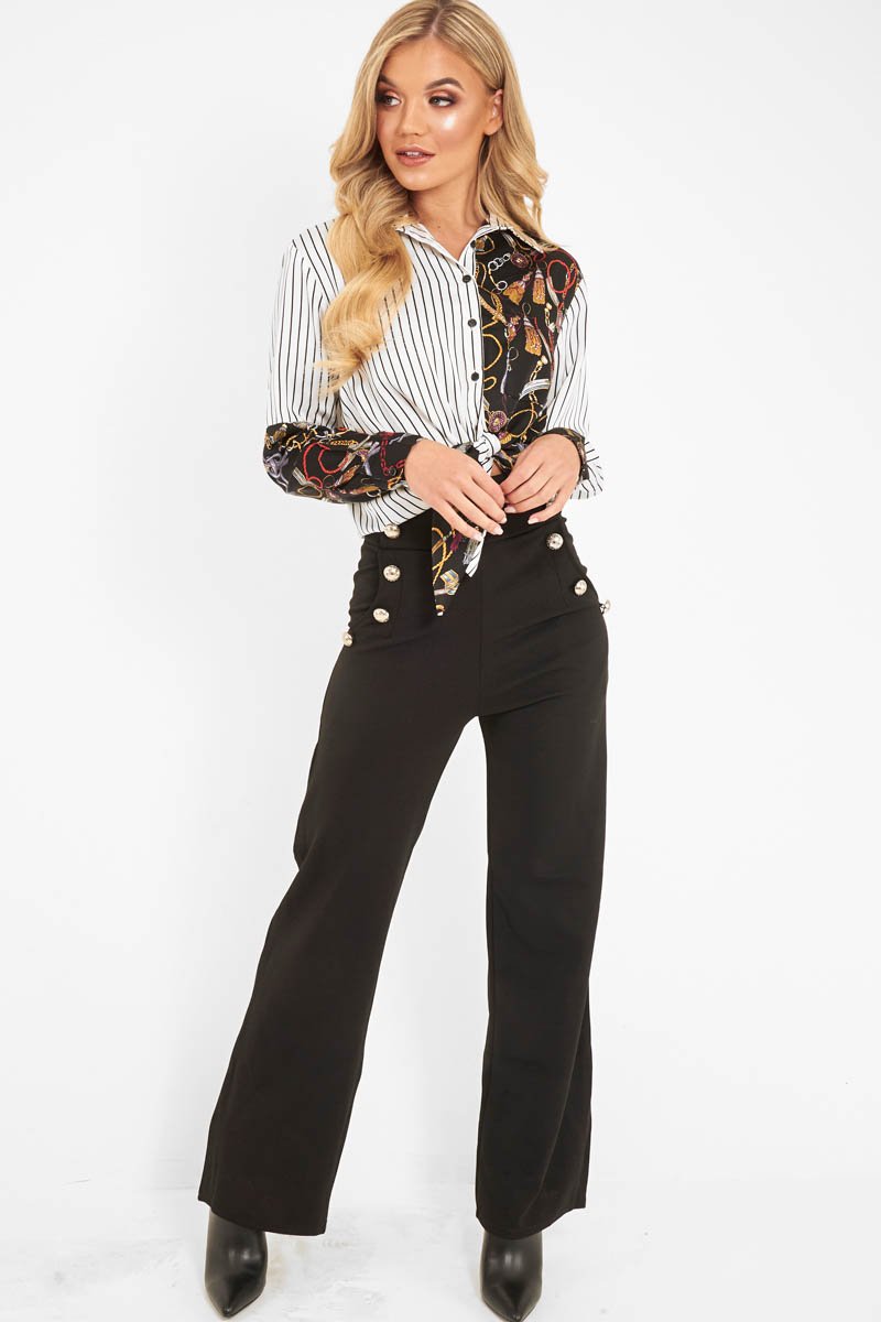Black High Waist Button Front Wide Leg Trousers - Chrisy-Trousers