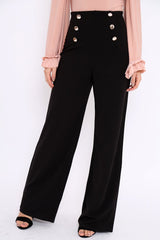 Black High Waist Button Front Wide Leg Trousers - Juna-Trousers