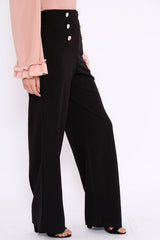 Black High Waist Button Front Wide Leg Trousers - Juna-Trousers