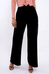 Black High Waist Flare Trousers with Black Sash Belt - Lila-Trousers