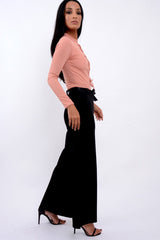 Black High Waist Flare Trousers with Black Sash Belt - Lila-Trousers