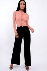Black High Waist Flare Trousers with Black Sash Belt - Lila-Trousers
