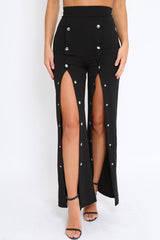 Black High Waist Flare Trousers with Popper detail -Tamy-Trousers