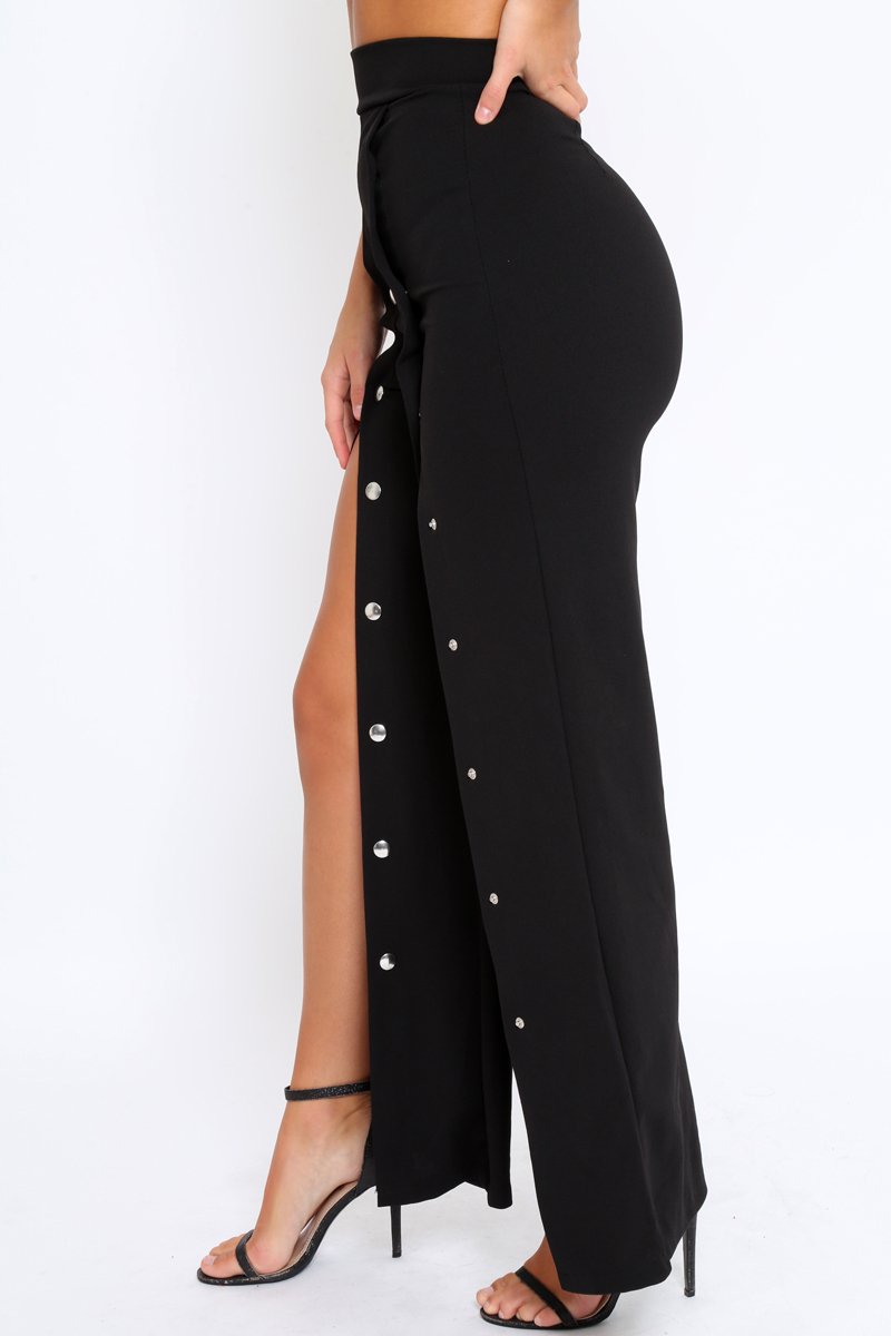 Black High Waist Flare Trousers with Popper detail -Tamy-Trousers
