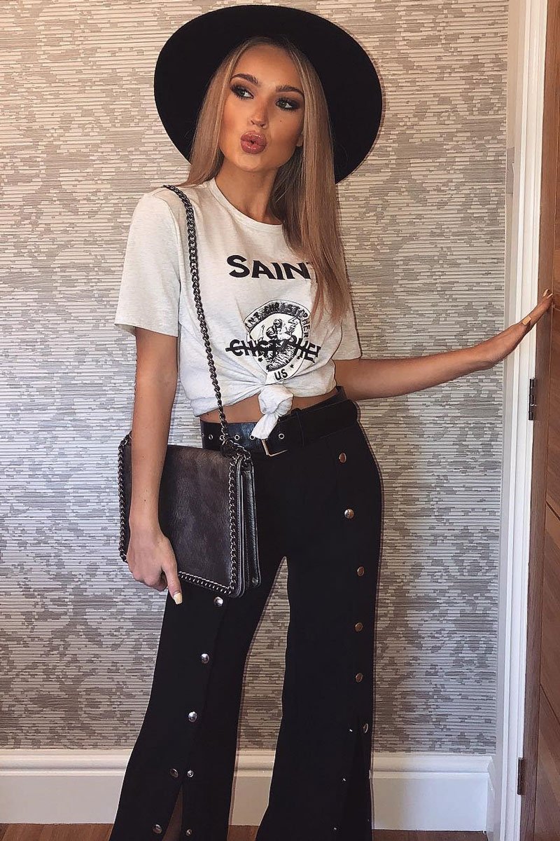 Black High Waist Flare Trousers with Popper detail -Tamy-Trousers