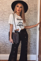 Black High Waist Flare Trousers with Popper detail -Tamy-Trousers