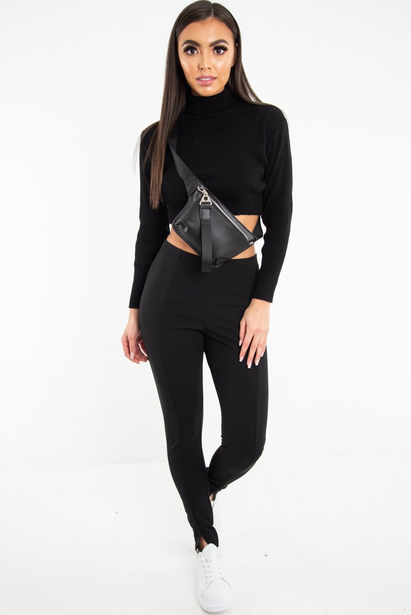Black High Waist Seam Front Crepe Leggings - Liviah-Leggings
