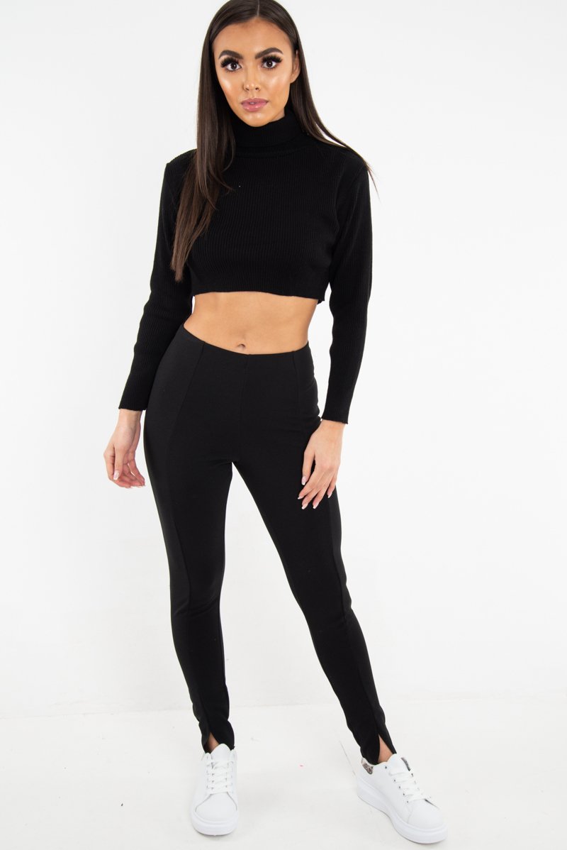 Black High Waist Seam Front Crepe Leggings - Liviah-Leggings