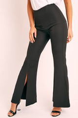 Black High Waist Split Front Trousers - Adraya-Trousers