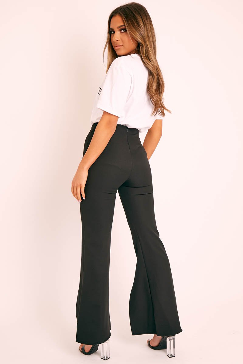 Black High Waist Split Front Trousers - Adraya-Trousers