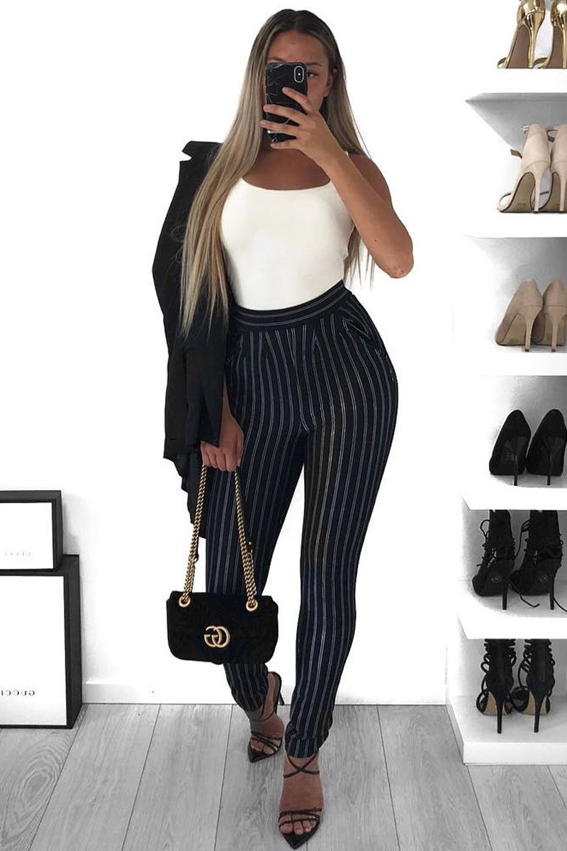 Black High Waist Striped Trousers - Savina-Trousers