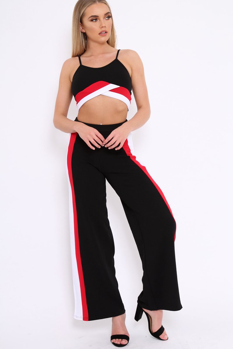 Black High Waist Trousers with Red and White Side Stripes - Enia-Trousers