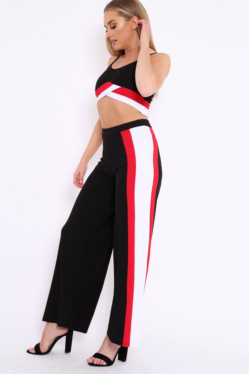 Black High Waist Trousers with Red and White Side Stripes - Enia-Trousers