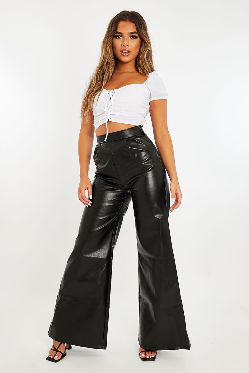 Black High Waist Wide Leg Faux Leather Trousers - Hanika-Trousers