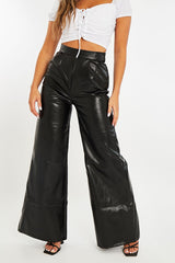 Black High Waist Wide Leg Faux Leather Trousers - Hanika-Trousers