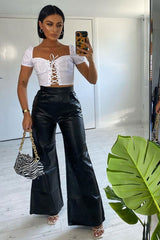 Black High Waist Wide Leg Faux Leather Trousers - Hanika-Trousers