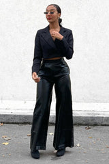 Black High Waist Wide Leg Faux Leather Trousers - Hanika-Trousers