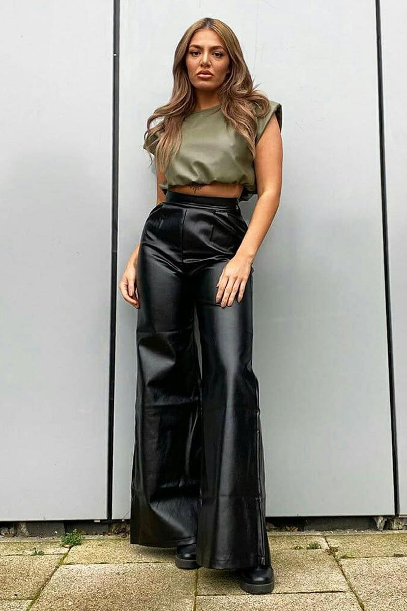 Black High Waist Wide Leg Faux Leather Trousers - Hanika-Trousers