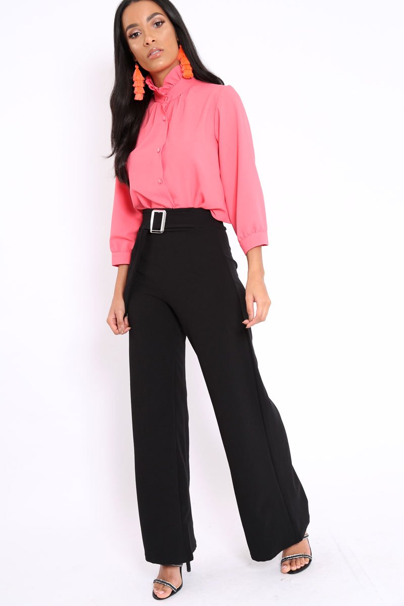 Black High Waist Wide Leg Trousers with Buckle - Monico-Trousers