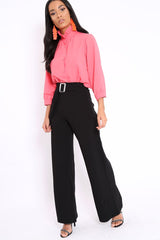Black High Waist Wide Leg Trousers with Buckle - Monico-Trousers