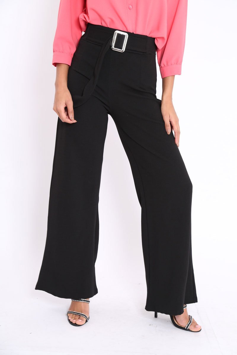 Black High Waist Wide Leg Trousers with Buckle - Monico-Trousers