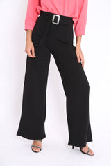 Black High Waist Wide Leg Trousers with Buckle - Monico-Trousers