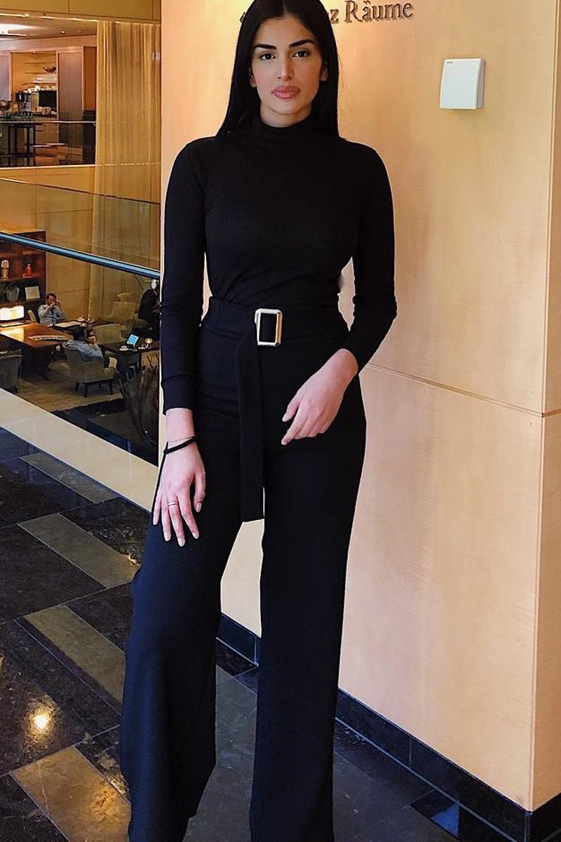 Black High Waist Wide Leg Trousers with Buckle - Monico-Trousers