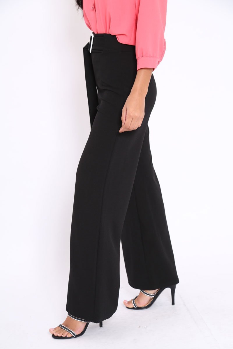 Black High Waist Wide Leg Trousers with Buckle - Monico-Trousers