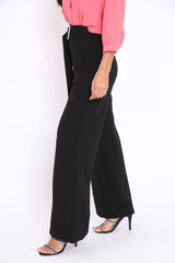 Black High Waist Wide Leg Trousers with Buckle - Monico-Trousers