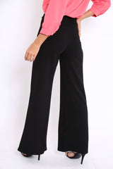 Black High Waist Wide Leg Trousers with Buckle - Monico-Trousers