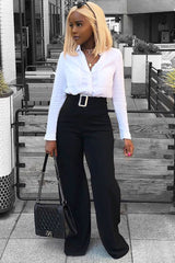 Black High Waist Wide Leg Trousers with Buckle - Monico-Trousers