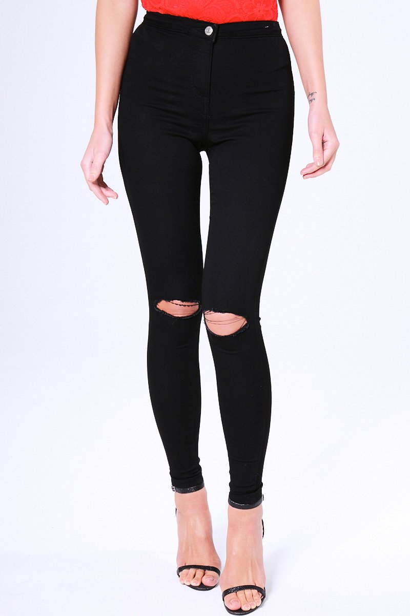 Black High Waisted Ripped Knee Skinny Jeans - Amara-Jeans