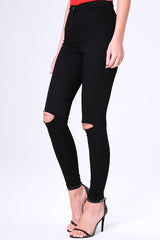 Black High Waisted Ripped Knee Skinny Jeans - Amara-Jeans
