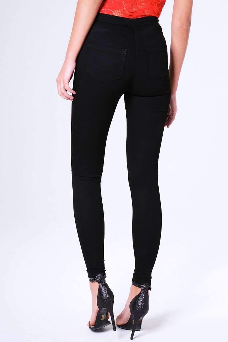 Black High Waisted Ripped Knee Skinny Jeans - Amara-Jeans